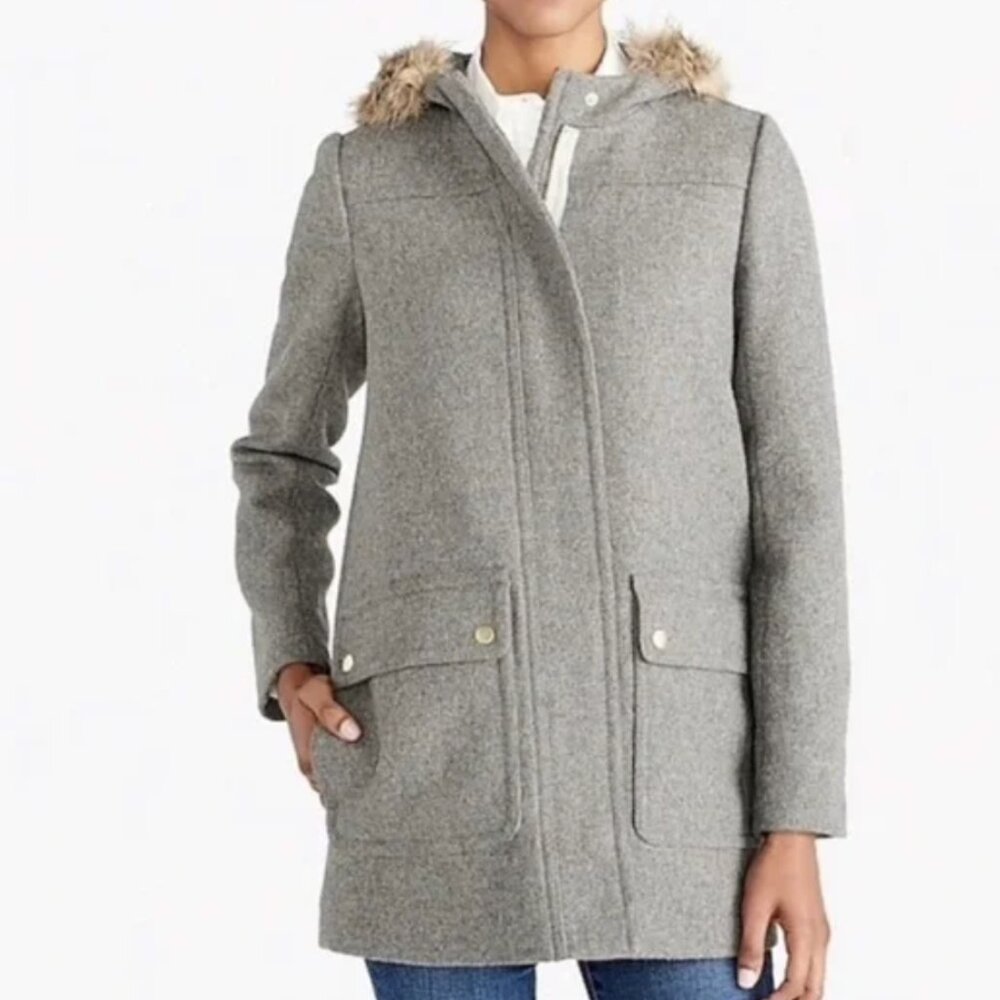 J. Crew Factory Gray Pea Coat with Faux Fur Trim